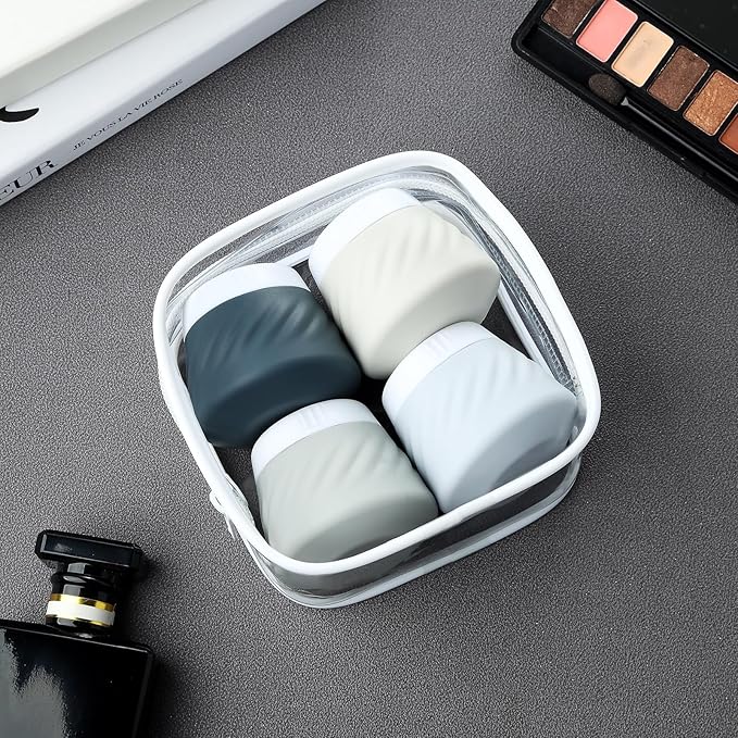 Gemice TSA Approved Travel Containers for Toiletries, 4 Pack Silicone Cream Jars with Convenient Toiletry Bag, Leak-proof Wide Mouth Travel-Size Toiletries Containers with Lid for Cosmetic Cream