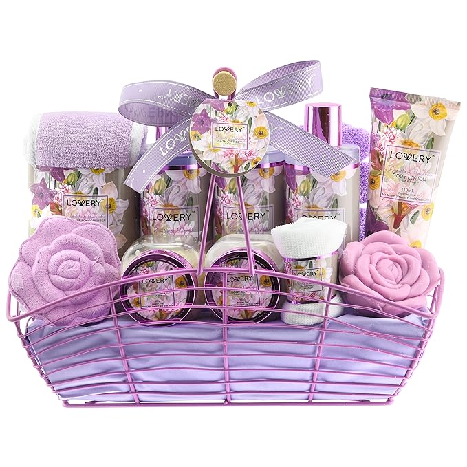 Gift Sets For Women, Gift Basket for Women & Men, Bath and Body Gift Basket, 13pc Vanilla Lavender Home Spa Set, Body Lotion, Bath Bomb, Shower Gloves Gift for Mom Thank You Birthday Gifts
