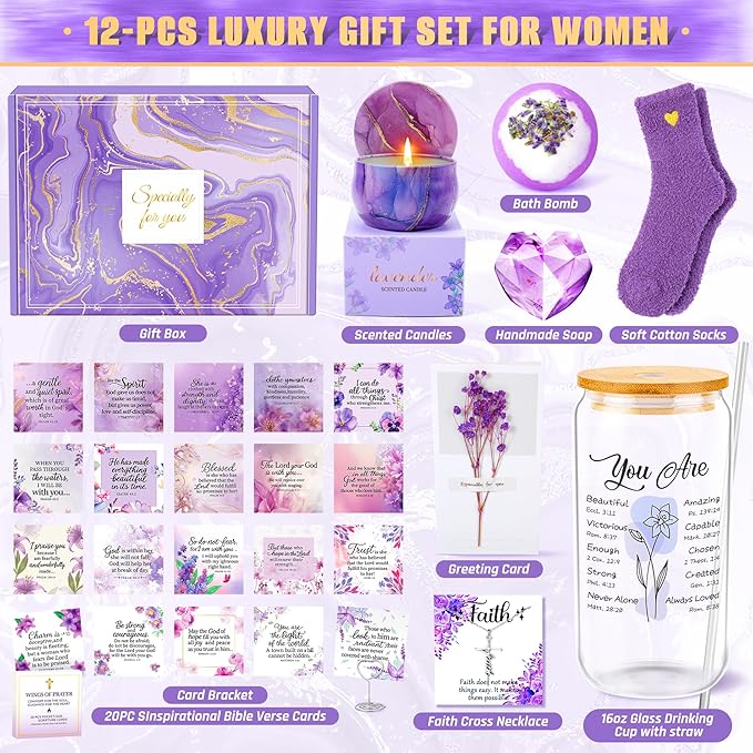 Christian Gifts For Women Faith - Inspirational Religious Birthday Gifts, Purple Spiritual Baptism Baskets For Mom, Grandma, Wife, Mothers, Best Friend, Sister,Catholic&Encouragement Birthday Baskets