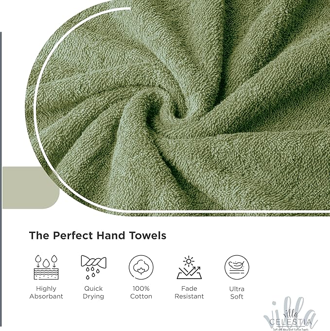 100% Cotton Bath Towel Set of 18-4 Bath Towels, 6 Hand Towels, 8 Wash Cloths, Sustainable, Soft, Highly Absorbent, Combed Cotton 18 Piece Set for Hotels, Spa, Bathroom, Dorm, Sage