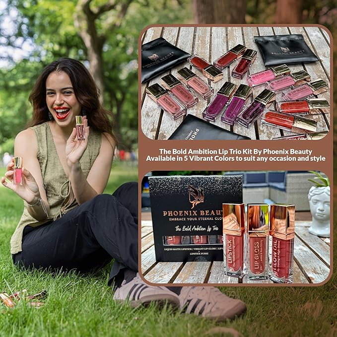 Lip Trio – Deep Red Matte Lipstick + Gloss & Lip Oil | Smudge-Proof Lipstick + Moisturizing Gloss with Jojoba & Vit-E | Long-Look, Vegan, Clean Beauty Gift Set (Ruby Empire)
