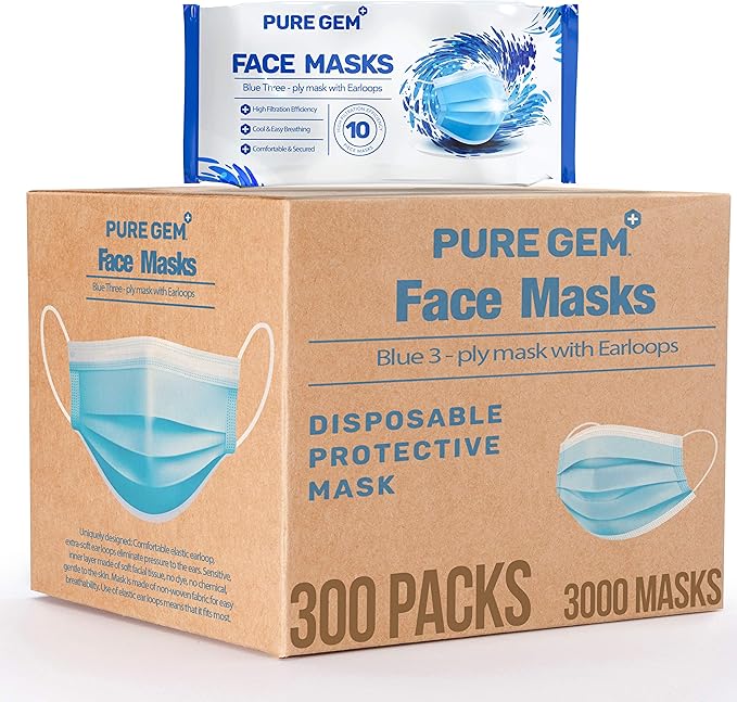 Premium Pack of 3,000 (300 x 10 Masks) Single Use Disposable Face Mask, Soft on Skin, Bulk Pack 3-Ply Masks Facial Cover with Elastic Earloops For Home, Office, School, and Outdoors (Pack of 3,000 Masks)