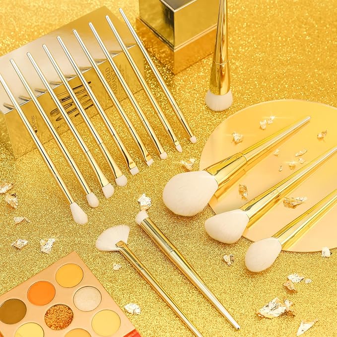 DUcare Makeup Brushes 15Pcs Makeup Brush Set with Holder Premium Synthetic Powder Foundation Contour Blush Concealer Eye Shadow Blending Liner Make Up Brush Kit gold-silver