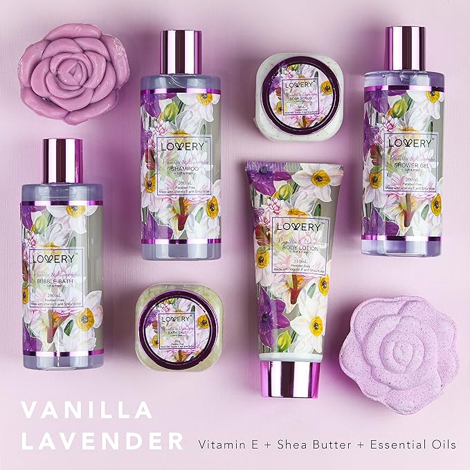 Gift Sets For Women, Gift Basket for Women & Men, Bath and Body Gift Basket, 13pc Vanilla Lavender Home Spa Set, Body Lotion, Bath Bomb, Shower Gloves Gift for Mom Thank You Birthday Gifts