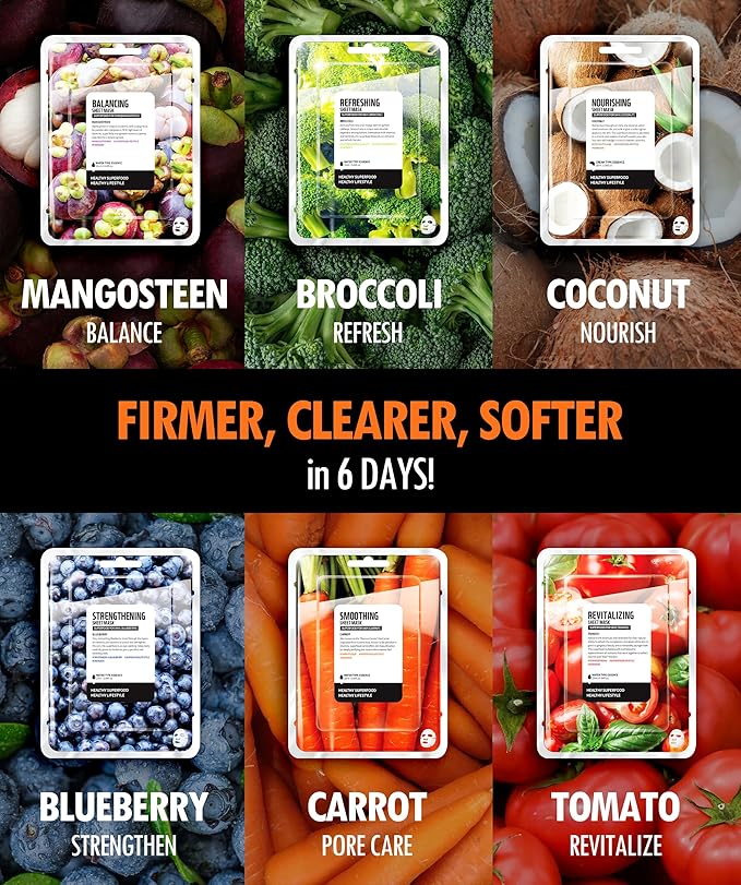 FARMSKIN Superfood Salad Sheet Mask Set of 6 | Korean Face Mask Sheets w/Mangosteen, Broccoli, Carrot, Coconut, Blueberry & Tomato | Refreshing, Nourishing & Cruelty-Free Face Mask Skincare Set