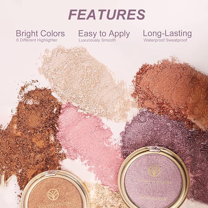 YOUNG VISION Pressed Powder Highlighter, Baked Natural Glow Contour Powder & Face Highligher, Cruelty-Free, Shimmer Highlighting Makeup for Face, Eye, Eyeshadow, Body, Skin (Gold)