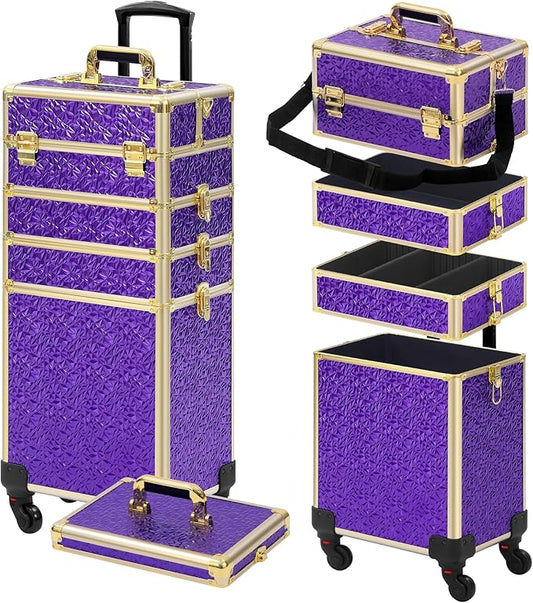 Rolling Makeup Case, Makeup Train Case with Lid, 5 in 1 Cosmetology Case on Wheels, Christmas Gift, Large Makeup Organizers, Profesional Cosmetic Case for Salon Barber, Purple Gold