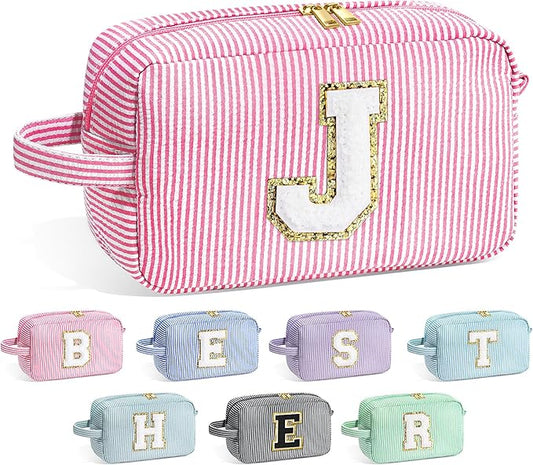 YOOLIFE Initial Makeup Bag for Women - Monogram Cute Pink Makeup Bags Cosmetic Toiletry Pouch Make Up Case for Women Her Best Friend Friendship Sister Teacher, Personalized Birthday Gifts for Women J