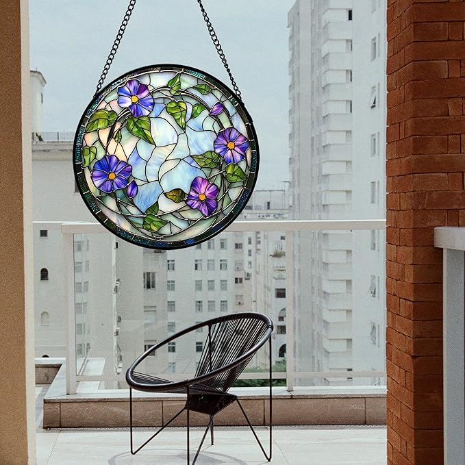 Stained Glass Window Hanging, Purple Morning Glory Flowers Suncatcher for Doors Window Home Plant Sun Catchers Decoration Mother's Day Birthday Gifts for Women, Men, and Mom 15x15 in
