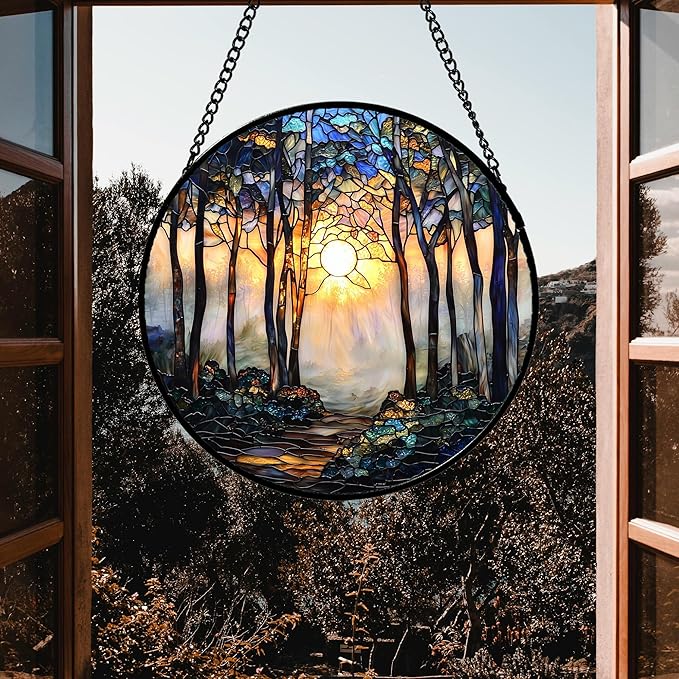 Stained Glass Window Hanging, Forest Sunrise Smoke Blue Brown Tree Suncatcher for Doors Window Home Landscape Sun Catchers Decor Mother's Day Birthday Gifts for Women, Men Mom 7.8 in