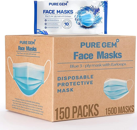Premium Pack of 1500 (150 x 10 Masks) Single Use Disposable Face Mask, Soft on Skin, Bulk Pack 3-Ply Masks Facial Cover with Elastic Earloops For Home, Office, School, and Outdoors (1500 Pack)