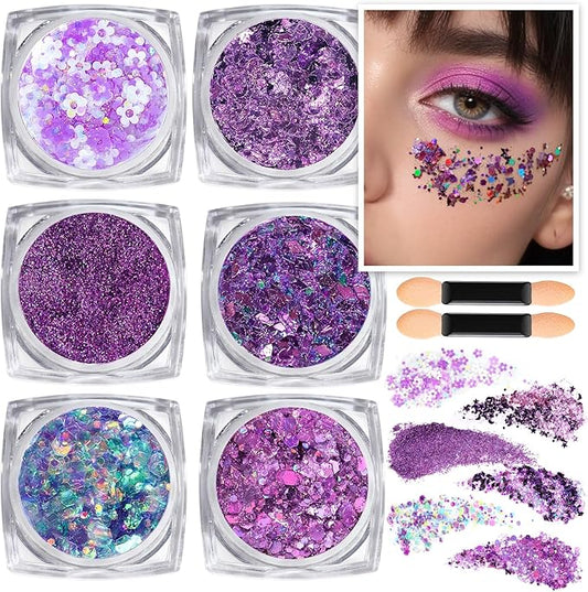 Teenitor Body Glitter Gel - Purple Face & Body Glitter Set, 6 Shapes, Hair Glitter Gel, Makeup Glitters for Face, Body, Hair
