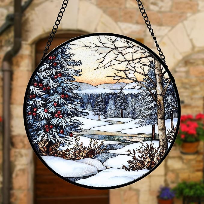 Stained Glass Window Hanging, Winter Snow Landscape Suncatcher Diamond Glass Panel Sun Catchers Decor for Birthday for Women, Men, Wife, Aunt, and Mom 7.8 in