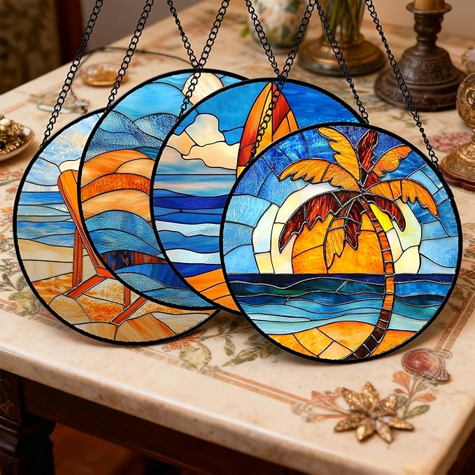 Stained Glass Window Hanging 4 Pcs Set Blue Orange Ocean Beach Theme Large 11.8" - Suncatcher Door Garden Sun Catcher Decor Birthday Christmas for Mom Woman Nana Men Wife