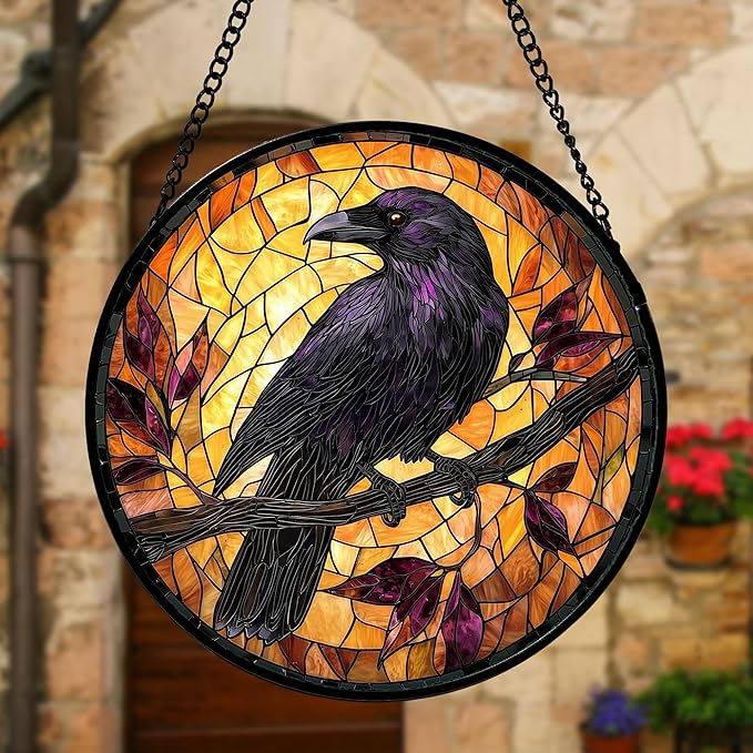 Stained Glass Window Hanging - Crow on a Branch Suncatcher Ready to Hang Window Doors Home Decoration and Christmas, Mother's Day Birthday Gifts for Women, Men, and Mom 9.8x9.8 in