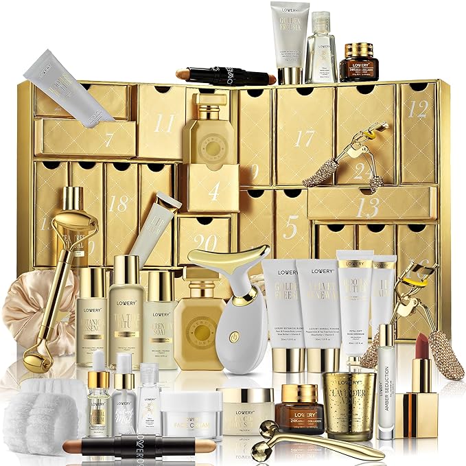 LOVERY 24-Day Luxury Beauty Advent Calendar for Women – Premium Holiday Gift Set with Skincare, Perfume, Candles, and Beauty Tools – Deluxe Gold Self-Care Countdown to Christmas