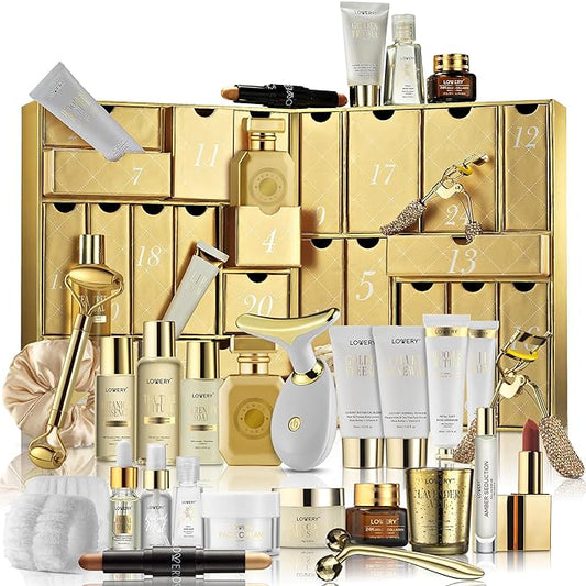 LOVERY 24-Day Luxury Beauty Advent Calendar for Women – Premium Holiday Gift Set with Skincare, Perfume, Candles, and Beauty Tools – Deluxe Gold Self-Care Countdown to Christmas