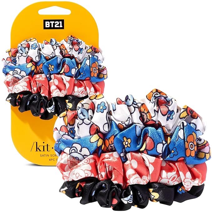 Kitsch x BT21 Satin Scrunchies for Women - No Crease Hair Ties for Girls | Scrunchies For All Hair Types and Textures, Perfect for Day or Night | Ideal Gifts for Women - 4 Pcs