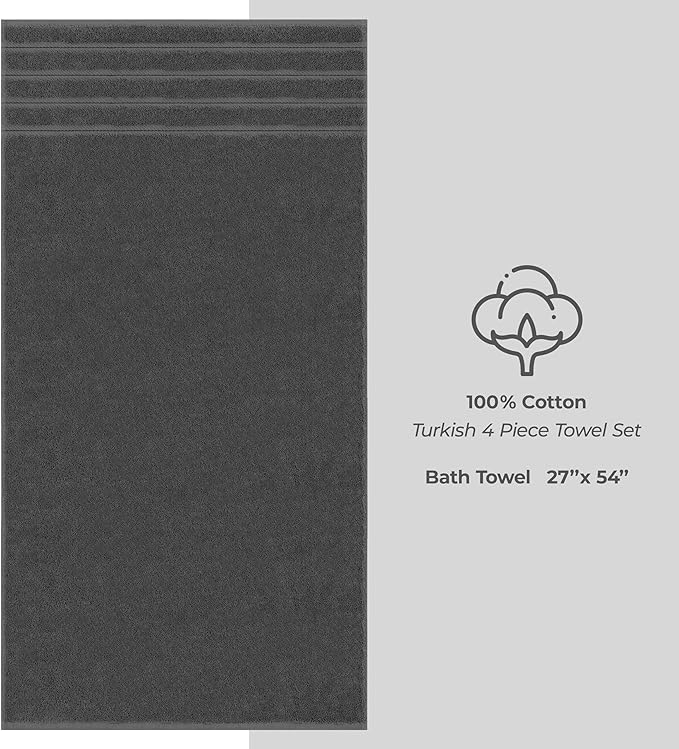 American Soft Linen Luxury 4 Piece Bath Towel Set, 600 GSM 100% Cotton Turkish Bath Towels for Bathroom, 27x54 in Large Bathroom Shower Towels, Dark Gray