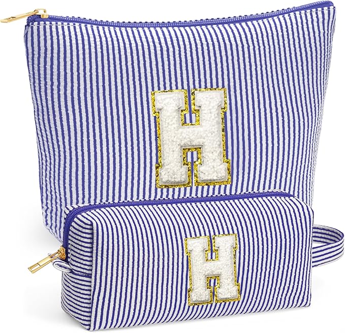 Small Makeup Bag for Purse - Travel Makeup Bag Set, Initial Make up Bag Organizer Makeup Pouch, Blue Preppy Stuff Birthday Gifts for Women Travel Essentials, Blue Letter H