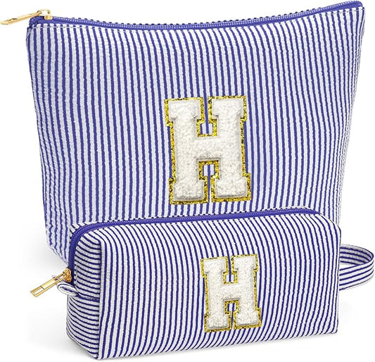 Small Makeup Bag for Purse - Travel Makeup Bag Set, Initial Make up Bag Organizer Makeup Pouch, Blue Preppy Stuff Birthday Gifts for Women Travel Essentials, Blue Letter H