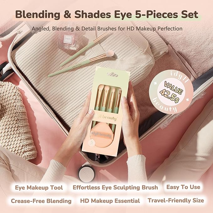 Makeup Brush Set Eyeshadow 5 Pcs, Eye Shadow Brushes for Women With Powder Puff, Fluffy Blending Brush, Crease, Eyeliner Brush Professional, Makeup Artist Set, Vegan & Cruelty Free