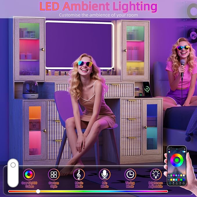 55" Vanity Desk with Mirror & Lights, Fluted Makeup Vanity with 8 Drawers & 4 Cabinets, Tempered Glass Top, RGB Cabinet Lighting, 3-Color Dimmable Mirror, and Charging Station (Natural Oak)