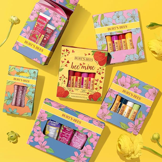 Burt's Bees Gifts Ideas - Balm Bouquet Lip Balm Set, Original Beeswax, Vanilla Bean, Cucumber Mint, Coconut & Pear Pack, Natural Origin Lip Treatment, 4 Tubes, 0.15 oz.