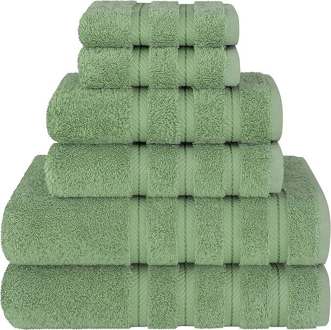 American Soft Linen Luxury 6 Piece Towel Set, 2 Bath Towels 2 Hand Towel 2 Washcloths, 600 GSM 100% Cotton Turkish Towels for Bathroom, Sage Green Towel Sets