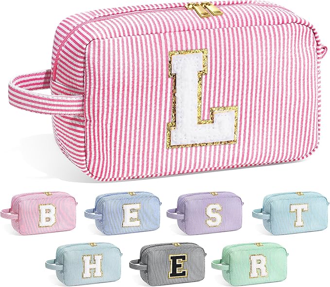 YOOLIFE Initial Makeup Bag for Women - Cute Pink Toiletry Bags Cosmetic Pouch for Teen Girls, Personalized Birthday Gifts for Women Friends Sister Daughter, Letter L