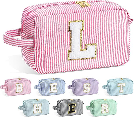 YOOLIFE Initial Makeup Bag for Women - Cute Pink Toiletry Bags Cosmetic Pouch for Teen Girls, Personalized Birthday Gifts for Women Friends Sister Daughter, Letter L