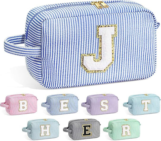 YOOLIFE Teen Girls Makeup Bag - Monogram Makeup Bags Cosmetic Toiletry Pouch Make Up Case for Women Her Best Friend Friendship Sister Teacher, Personalized Birthday Gifts for Women, Blue J