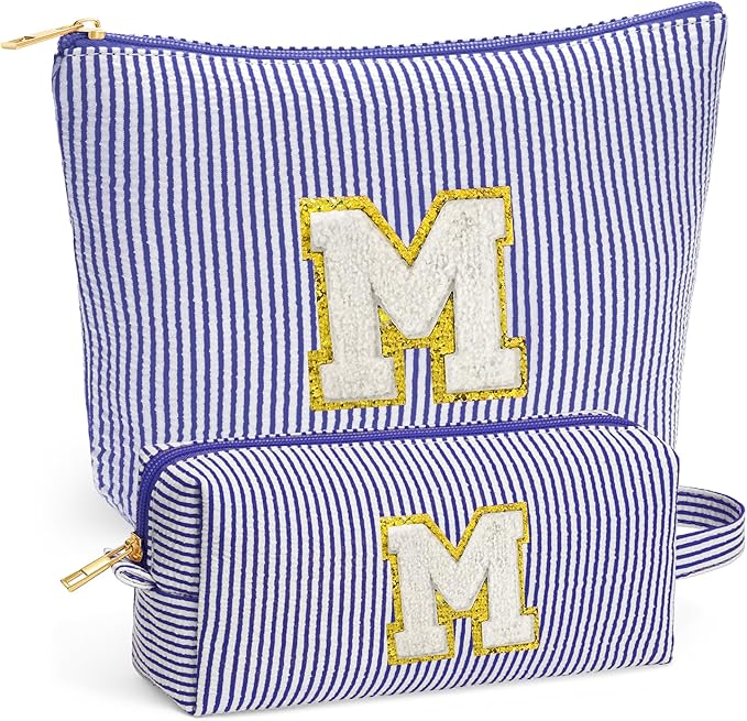 Initial Cosmetic Bag Set - Travel Bag Makeup Pouch, Makeup Bag with Zipper Make up Kit Preppy Stuff Birthday Gifts for Women Travel Essentials Travel Bag, Blue Letter M