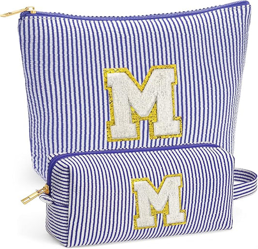 Initial Cosmetic Bag Set - Travel Bag Makeup Pouch, Makeup Bag with Zipper Make up Kit Preppy Stuff Birthday Gifts for Women Travel Essentials Travel Bag, Blue Letter M