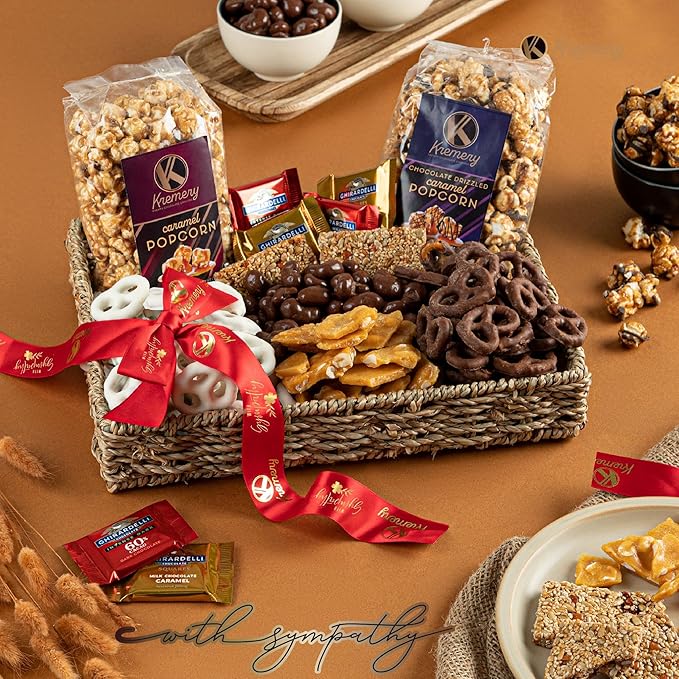KREMERY Creamy Chocolate Cravings - Sympathy Condolence, Chocolate Covered Pretzels & Caramel Popcorn Gift Basket, in Seagrass Tray + Ribbon & Greeting Card (Deluxe, 3.5 lbs) Food Assortments USA Made