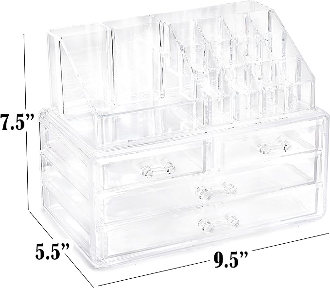 Masirs Clear Makeup Organizer - 16-Compartment Cosmetic and Jewelry Holder with 4 Drawers - Vanity Storage Box for Makeup, Skincare, Accessories, and Jewelry Display