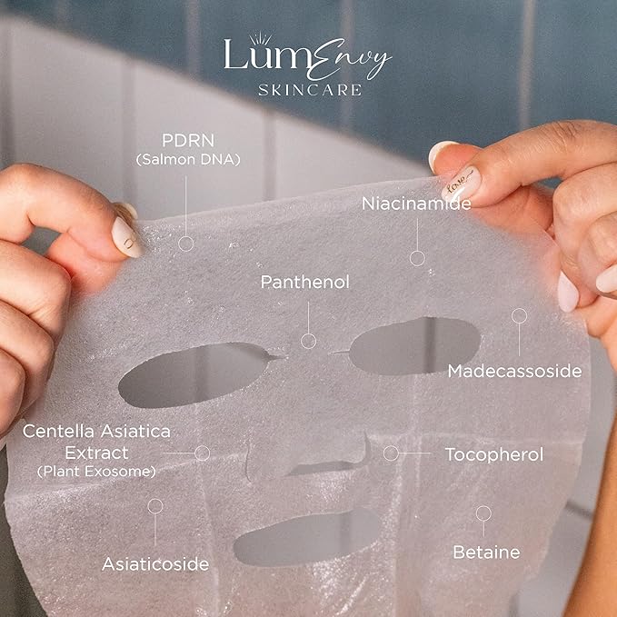 LúmEnvy Glass Skin Hydration Mask | Salmon DNA (PDRN) & Centella Collagen Face Mask - Deep Hydration, Pore Refining, Brightening & Firming Bio-Cellulose Facial Sheet for Radiant Glow