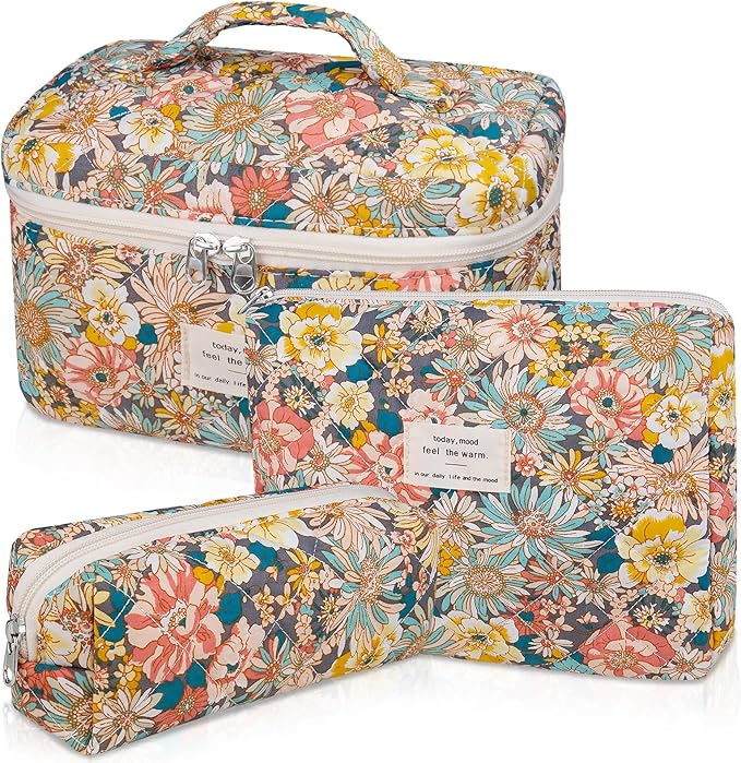 Makeup Bag Set, Quilted Makeup Bag, Large Floral Cosmetic Bag for Women, Cute Cotton Makeup Bags, Flower Travel Toiletry Organizer Bag (South Twigs Flower)