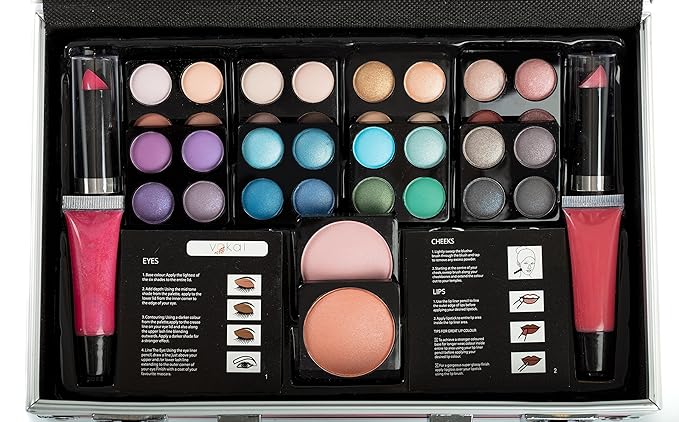 Vokai Makeup Kit Gift Set - 51 Piece - 32 Eye Shadows, 2 Blushes, 2 Lip Glosses, 2 Lipsticks, 2 Eye Liner Pencils, 1 Lip Liner Pencil, 1 Mascara - Case with Carrying Handle