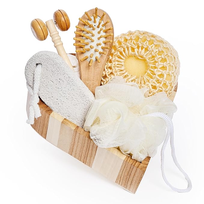 Bella Ciao 6-Piece Body and Skincare Set, Women’s Beauty Travel Basket, Spa Gift Set, Bath Accessories, Includes Face Massage Roller, Hair Brush, Exfoliation Tools, and Decorative Wooden Tray