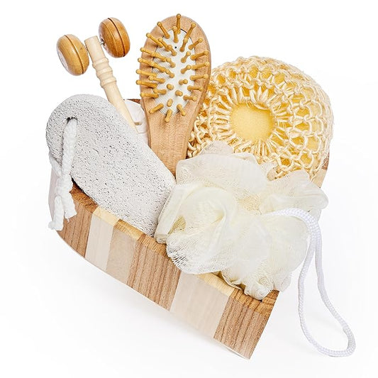 Bella Ciao 6-Piece Body and Skincare Set, Women’s Beauty Travel Basket, Spa Gift Set, Bath Accessories, Includes Face Massage Roller, Hair Brush, Exfoliation Tools, and Decorative Wooden Tray