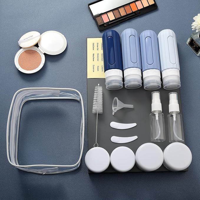 16 Pack Travel Bottles Set for Toiletries, Leakproof Travel Containers for Toiletries TSA Approved Silicone Travel Accessories Squeezable Refillable 3oz for Shampoo Conditioner Lotion Blue