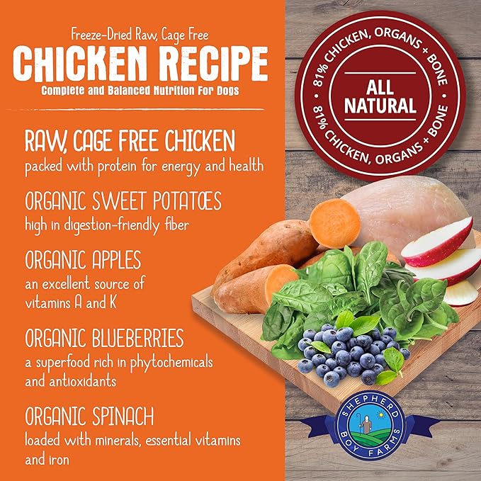 Freeze Dried Raw Dog Food, Chicken Recipe, All Natural, No Synthetics, Made in USA with Goat's Milk & Organic Produce, High Protein, Complete Meal (14oz)