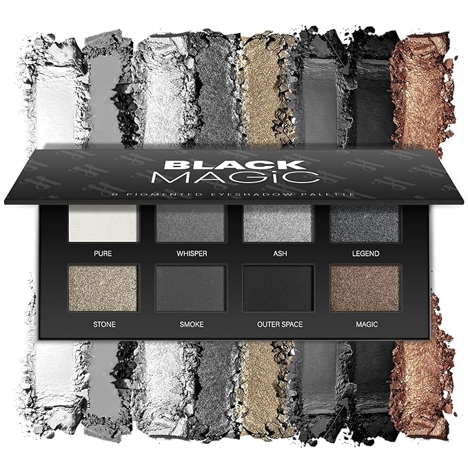 Black Smoky Eye Shadow Palette 8Color Dark Grey Smokey Eyeshadow for Goth Makeup Black Silver White Gray Shade for Halloween (BlackS)