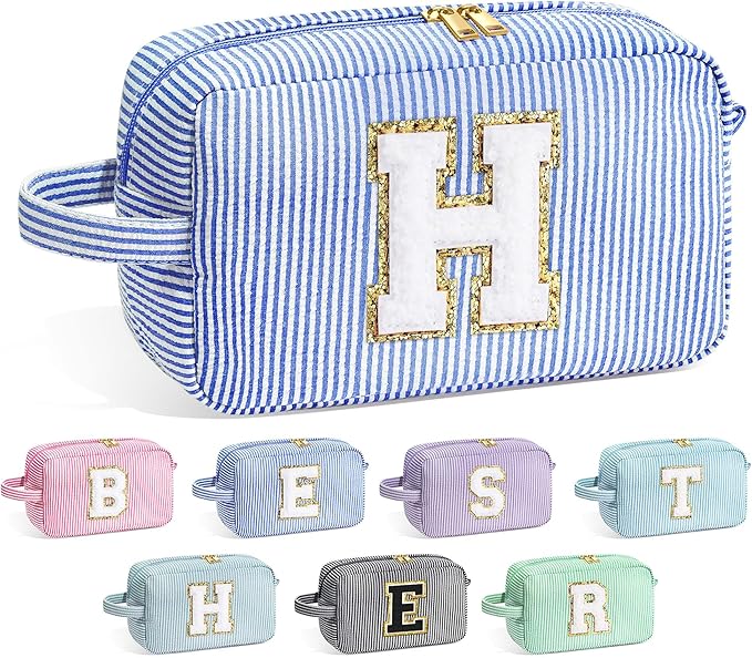 YOOLIFE Initial Makeup Bag for Women - Monogram Cute Blue Makeup Bag Cosmetic Toiletry Pouch Make Up Case for Women Her Best Friend Friendship Sister Teacher, Personalized Birthday Gifts for Women H