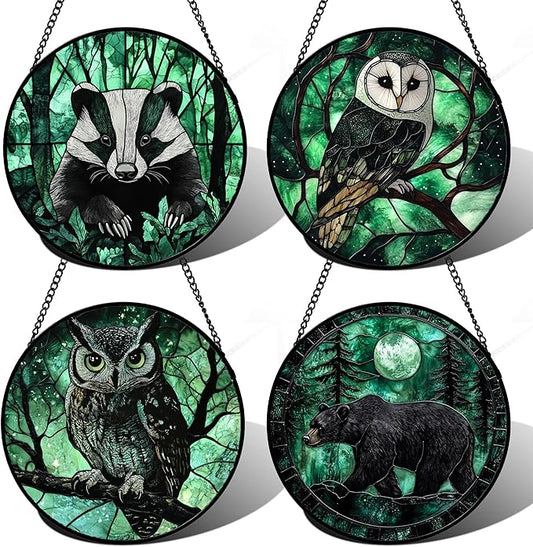 Stained Glass Window Hanging 4 Pcs Set Green Forest Night Sky Wildlife Large 11.8" - Suncatcher Door Garden Sun Catcher Decor Birthday for Mom Woman Nana Men Friend