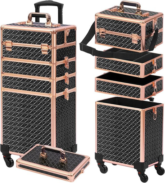 Rolling Makeup Case, Makeup Train Case with Lid, 5 in 1 Cosmetology Case on Wheels, Christmas Gift, Large Makeup Organizers, Profesional Cosmetic Case for Salon Barber, Black gold