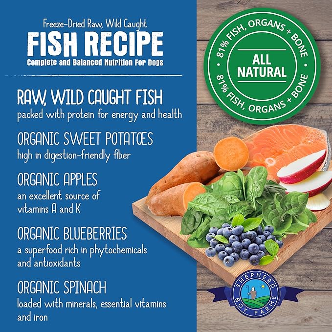 Freeze Dried Raw Dog Food, Fish Medley Recipe, All Natural, No Synthetics, Made in USA with Goat's Milk & Organic Produce, High Protein, Complete Meal (48oz)