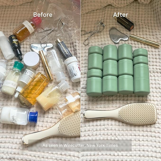 Cadence Travel Containers - Core Skincare Set - Magnetic Containers with Lids,2 Small (0.56oz) & 3 Medium (1.32oz) - Cleanser, Moisturizer, Serum, Makeup Remover & Sun Icon Labels - Evergreen