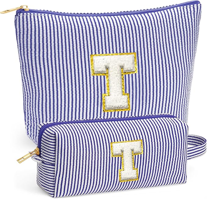 Initial Makeup Bag for Women - Travel Pouch, Portable Cosmetic Bag Make up Kit Pouch | Travel Essentials Cute Makeup Bag Birthday Gifts for Women, Blue Letter T